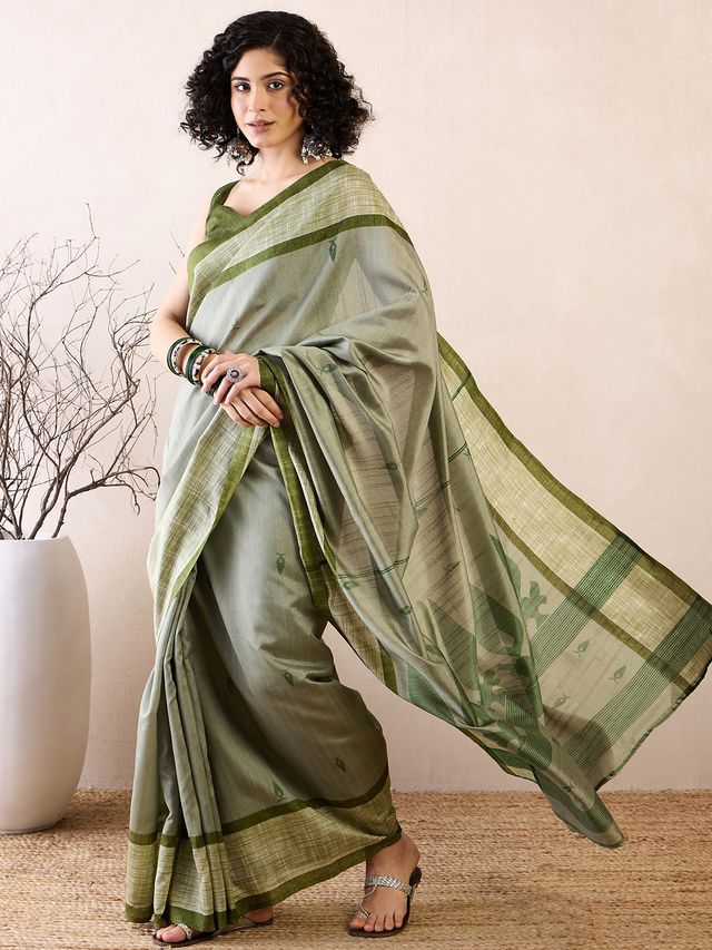 Women's Bhagalpuri Silk Green Printed Ready to Wear With Blouse Piece