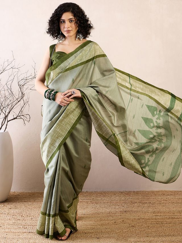 Women's Bhagalpuri Silk Green Printed Ready to Wear With Blouse Piece