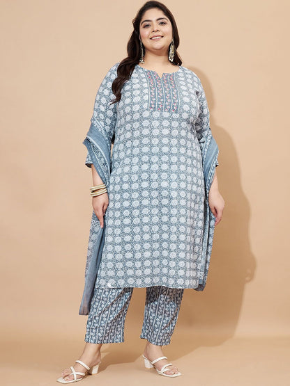 Dhiyona KL Floral Printed Notch-Neck Pure Cotton Kurta With Trousers And Dupatta
