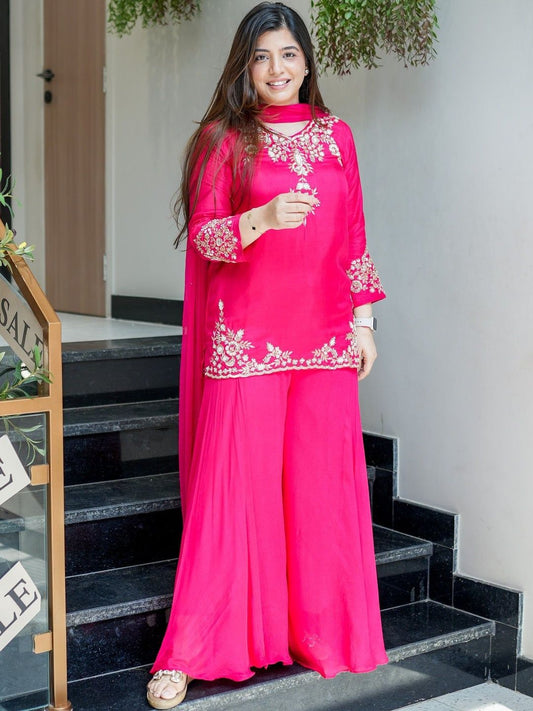 Dhiyona KL Women Ethnic Motifs Embroidered Regular Thread Work Silk Crepe Kurta with Palazzos & With Dupatta
