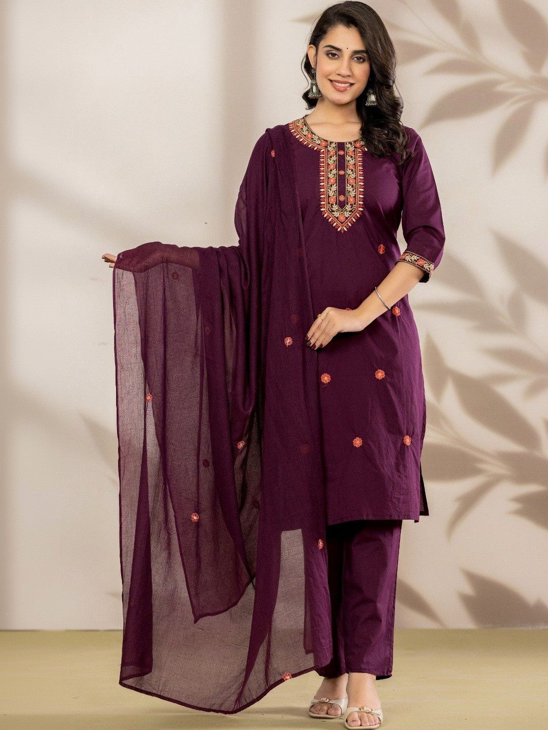 Dhiyona SN Women Ethnic Motifs Embroidered Regular Thread Work Pure Cotton Kurta with Trousers & With Dupatta