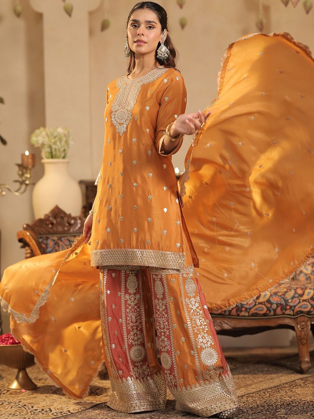 Dhiyona IE Ethnic Motifs Embroidered Round Neck Zari Straight Kurta & Palazzos With Dupatta