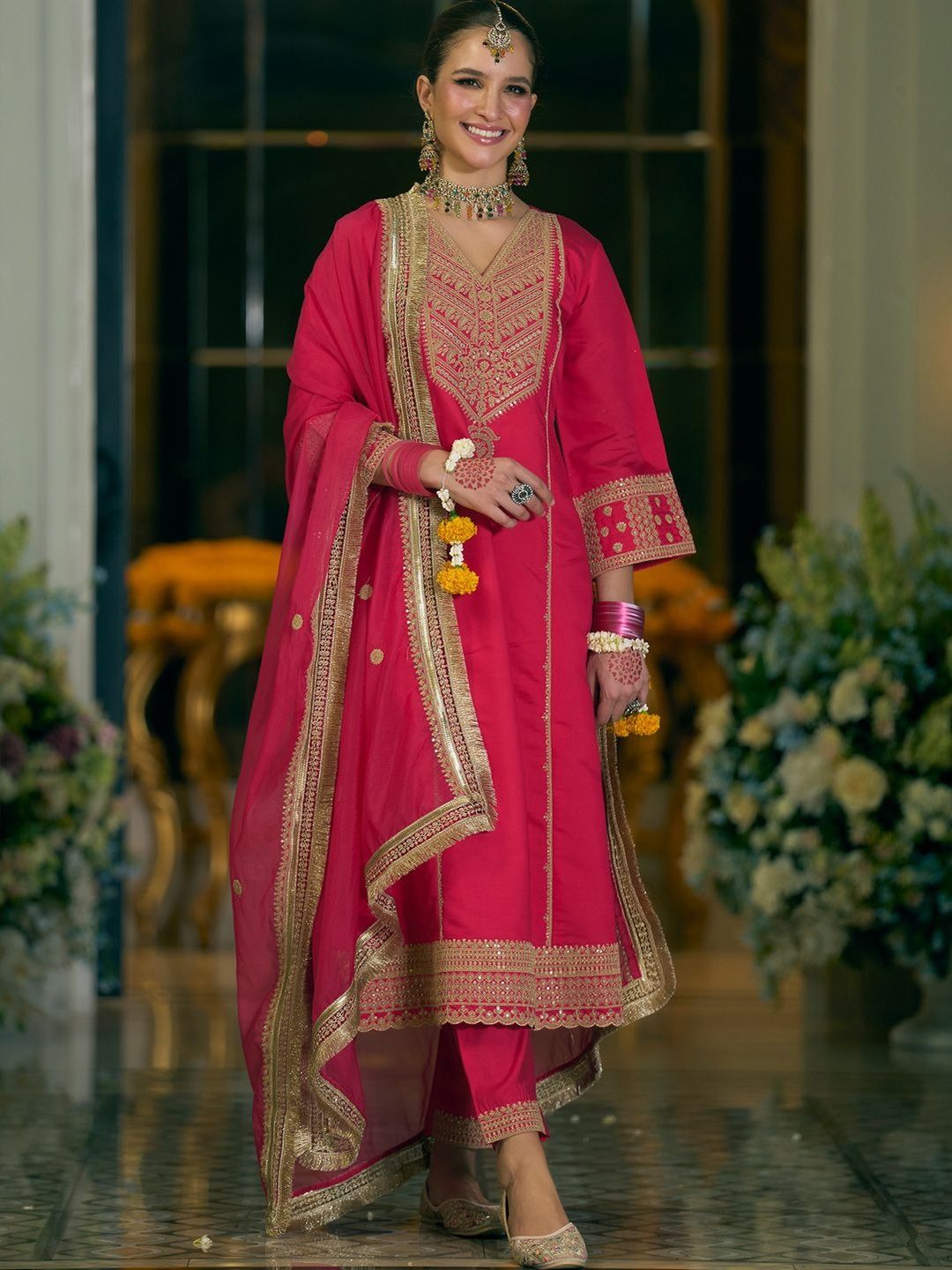 Women Ethnic Motifs Embroidered V-Neck A-Line Kurta with Trousers & Dupatta