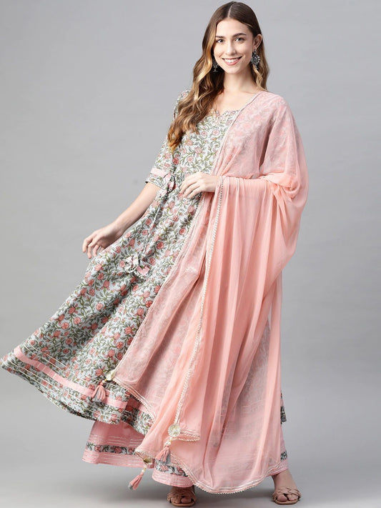Dhiyona KL Women Floral Printed Pure Cotton Kurta with Palazzos & With Dupatta