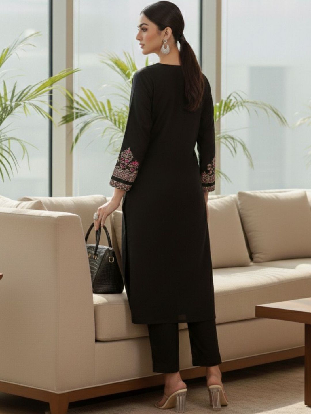 Black Women Embroidered Regular Thread Work Kurta with Trousers & With Dupatta