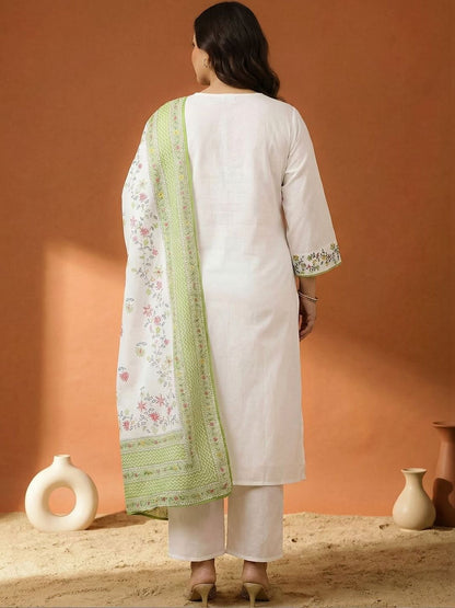 Dhiyona Women's Floral Embroidered Regular Thread Work Pure Cotton Kurta with Trousers & With Dupatta