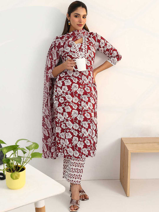 Women Floral Printed Regular Kurta with Trousers & With Dupatta