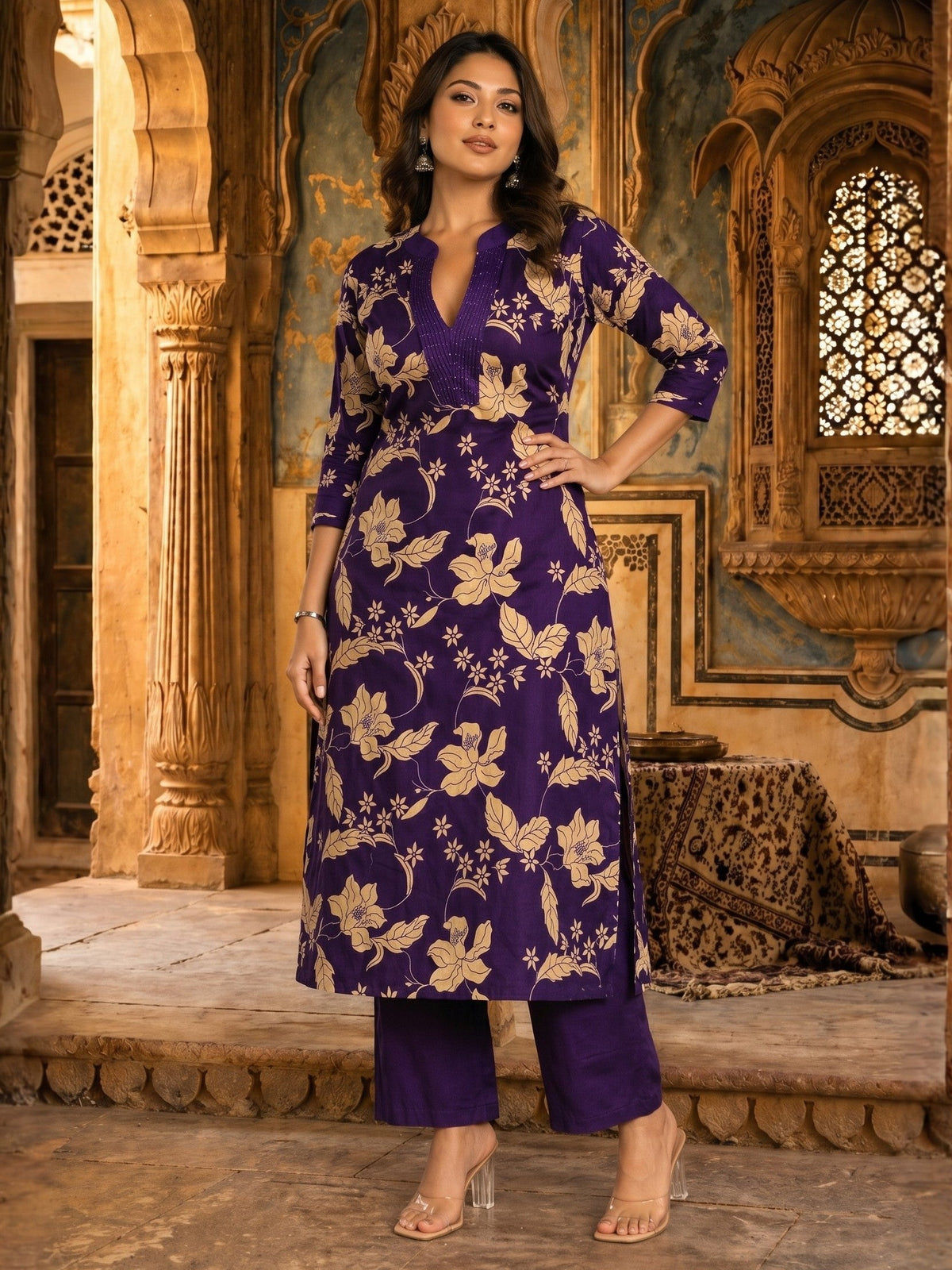 SASHA ORCHID PRINTED COTTON KURTA PANT SET
