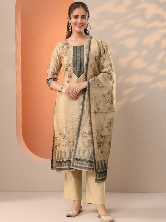 Floral Printed Round Neck Straight Kurta With Trousers & Dupatta