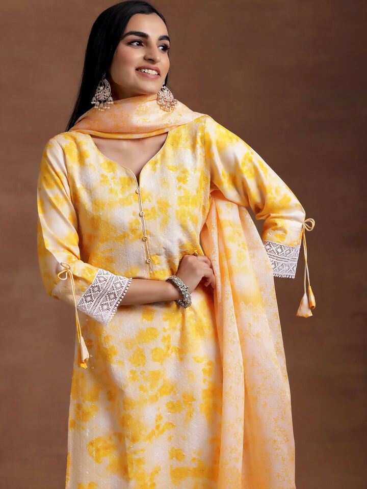 Women's LB Yellow Embroidered Cotton Blend Straight Suit With Dupatta