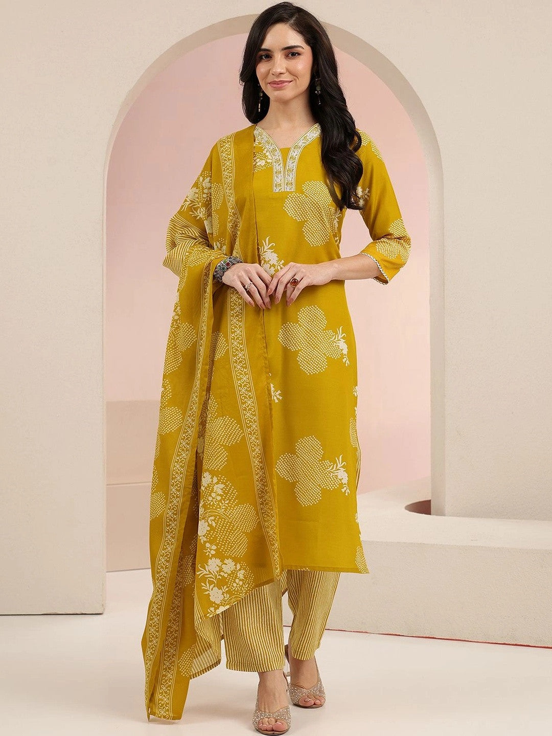 Mustard Bandhani Printed Cotton Blend Straight Suit Set