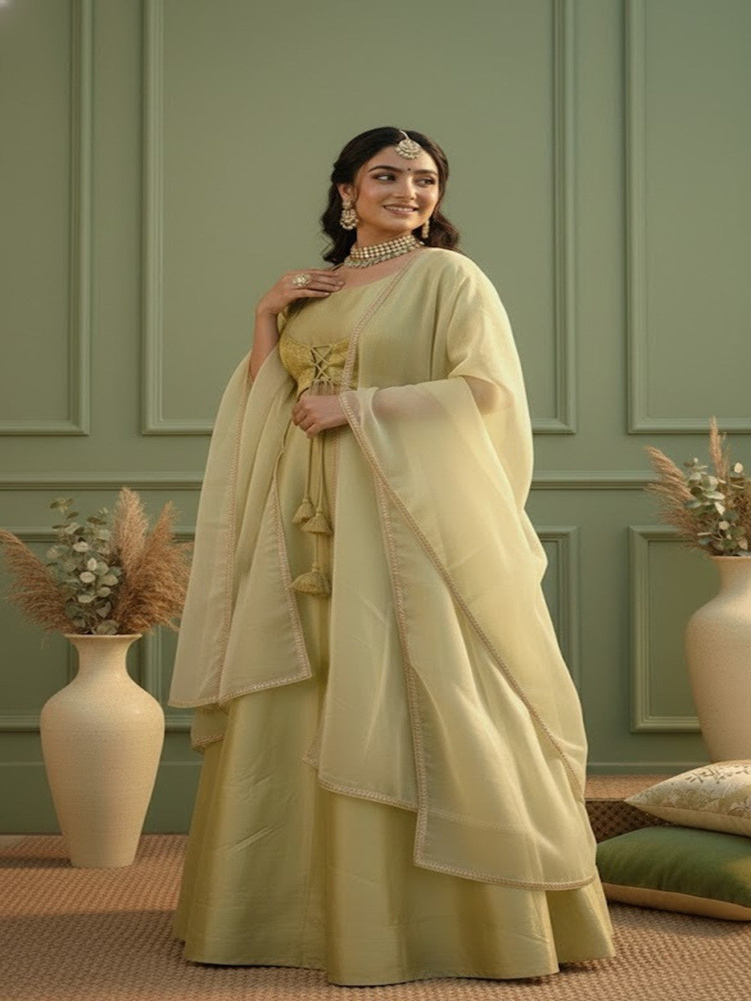 Solid Anarkali Maxi Ethnic Kurta with Trouser & Dupatta