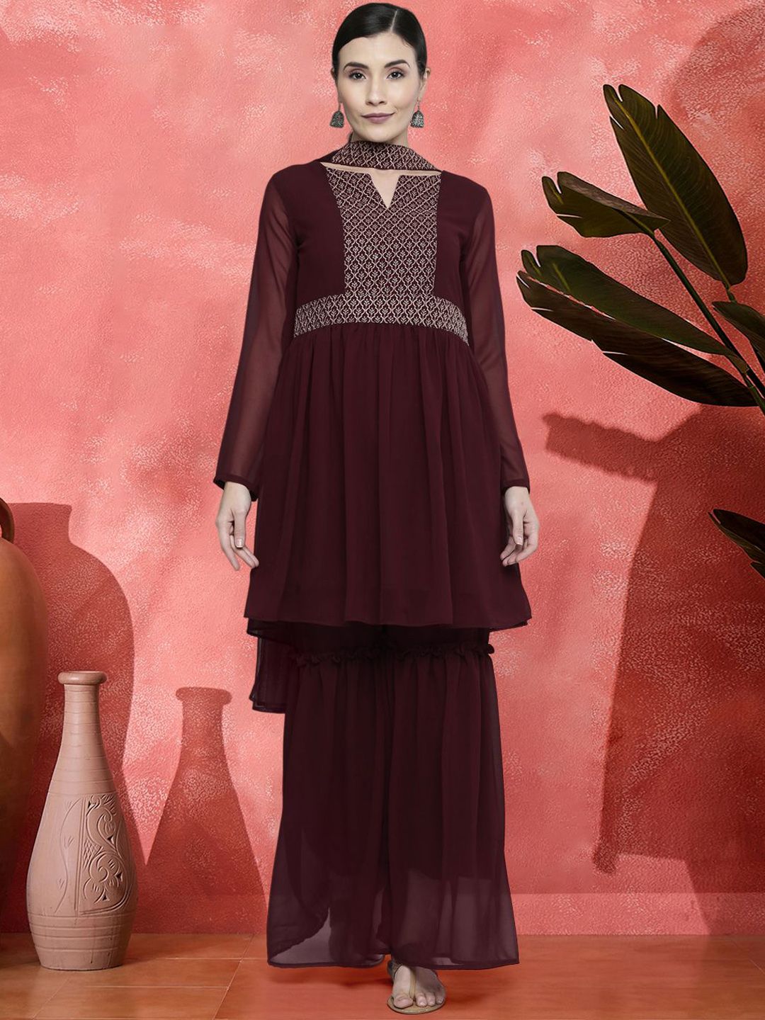 Dhiyona SN Sangrias Floral Yoke Design Empire Silk Georgette A-Line Kurta With Sharara & Dupatta
