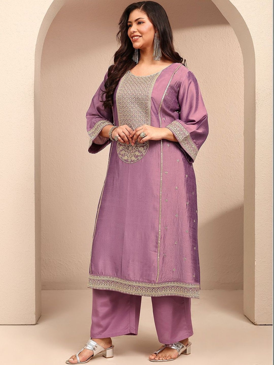 Dhiyona Women's Ethnic Motifs Embroidered Regular Thread Work Kurta with Palazzos & With Dupatta