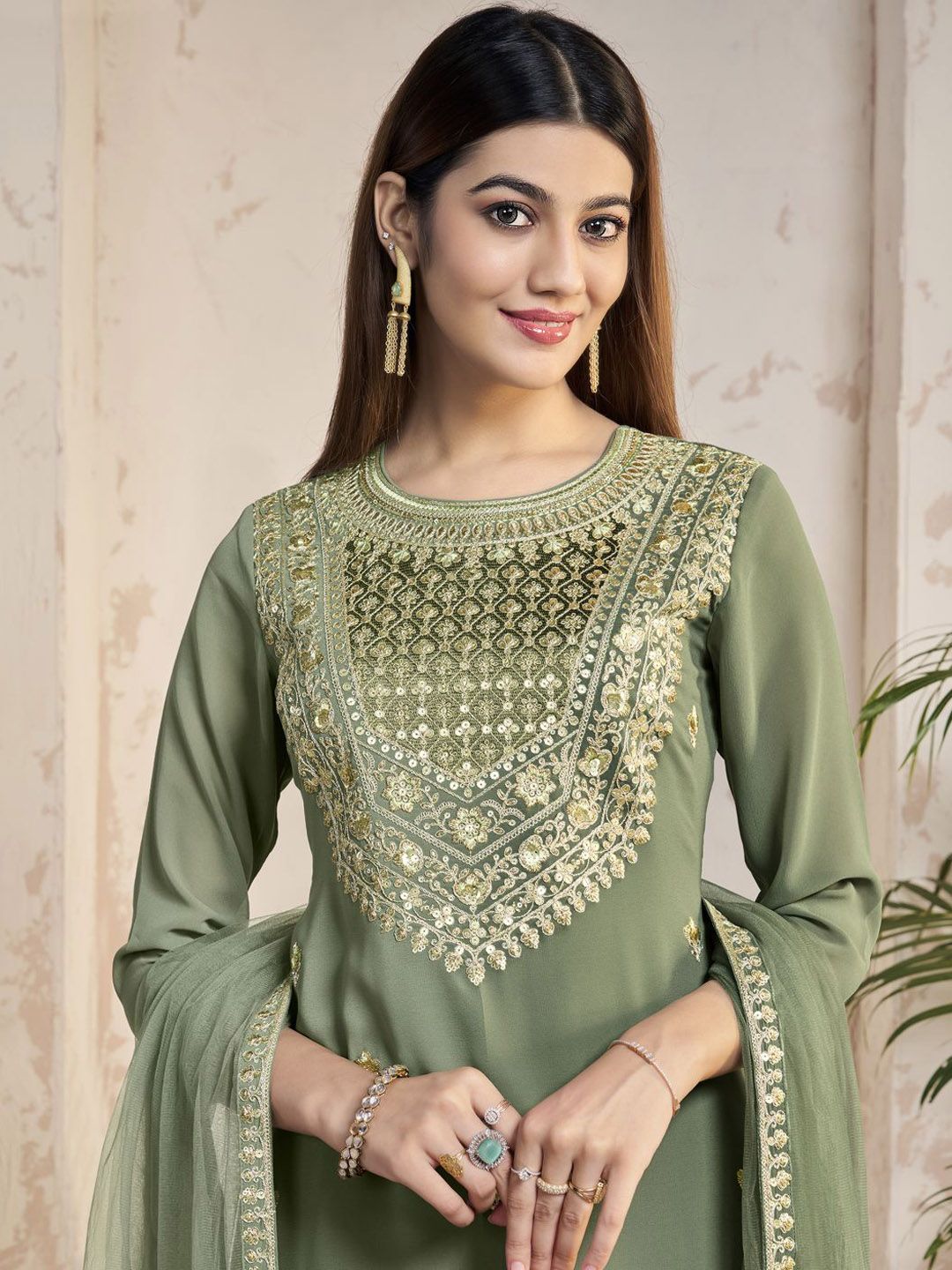 Dhiyona IN Women Floral Yoke Design Regular Sequinned Kurta with Palazzos & With Dupatta