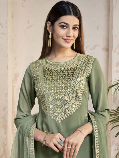 Dhiyona IN Women Floral Yoke Design Regular Sequinned Kurta with Palazzos & With Dupatta