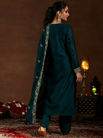 Women's LB Teal Embroidered Silk Blend Straight Suit With Dupatta