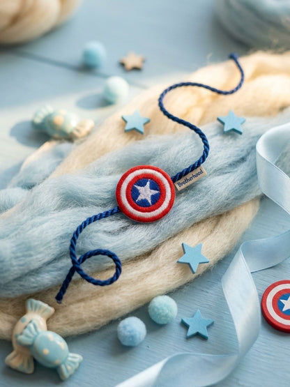 Dhiyona Stylish Red & Blue Avengers Design Kids Rakhi With Roli Chawal Chandan Mishri