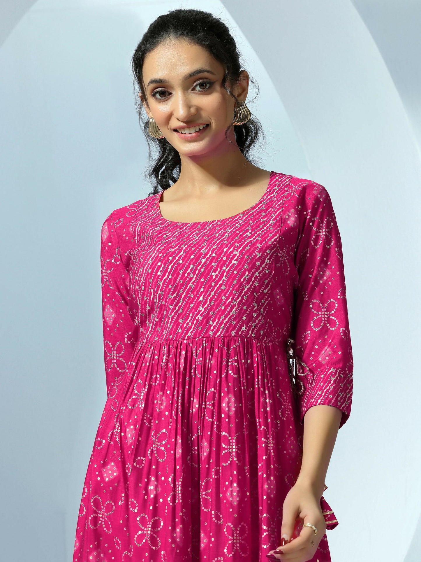 Women's LB Pink Printed Silk Blend A-Line Kurta With Trousers & Dupatta