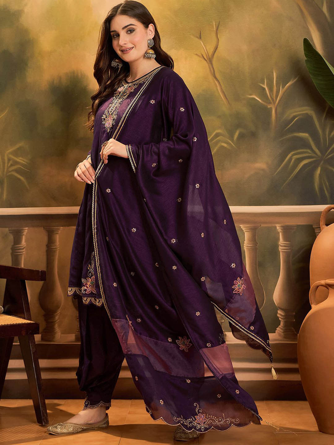 Zari & Sequin Embroidered A-Line Kurta & Salwar With Dupatta