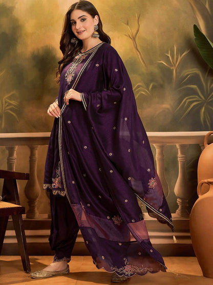 Zari & Sequin Embroidered A-Line Kurta & Salwar With Dupatta