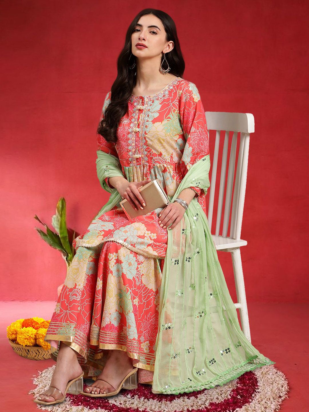 Dhiyona VA Women Floral Printed Empire Mirror Work Kurta With Sharara & Dupatta