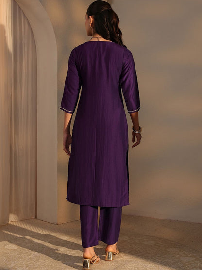 Purple Mirror Work Yoke Design Straight Kurta Set