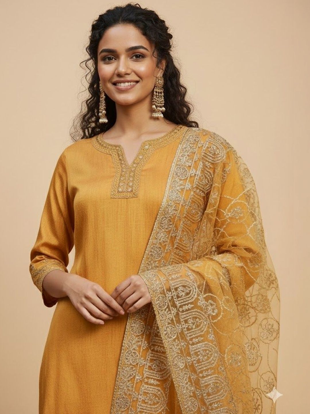 Dhiyona HOP Embroidered Round-Neck Straight Kurti & Sharara With Dupatta