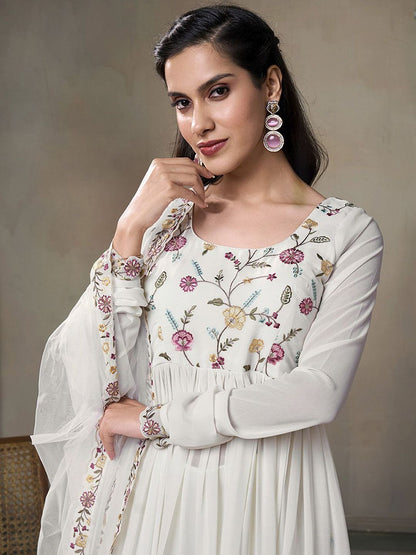 Dhiyona IN Floral Embroidered Thread Work Georgette A-Line Kurta With Palazzos And Dupatta