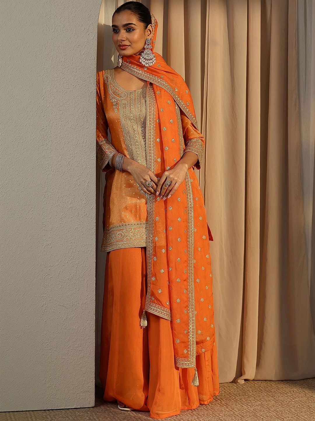 Dhiyona LL Women Ethnic Motifs Embroidered Regular Thread Work Kurta with Palazzos & With Dupatta