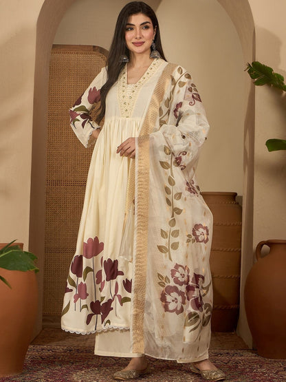 Women Floral Printed Empire Thread Work Kurta with Palazzos & With Dupatta