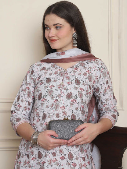 Dhiyona KL Floral Printed V-Neck Straight Kurta With Patiala & Dupatta