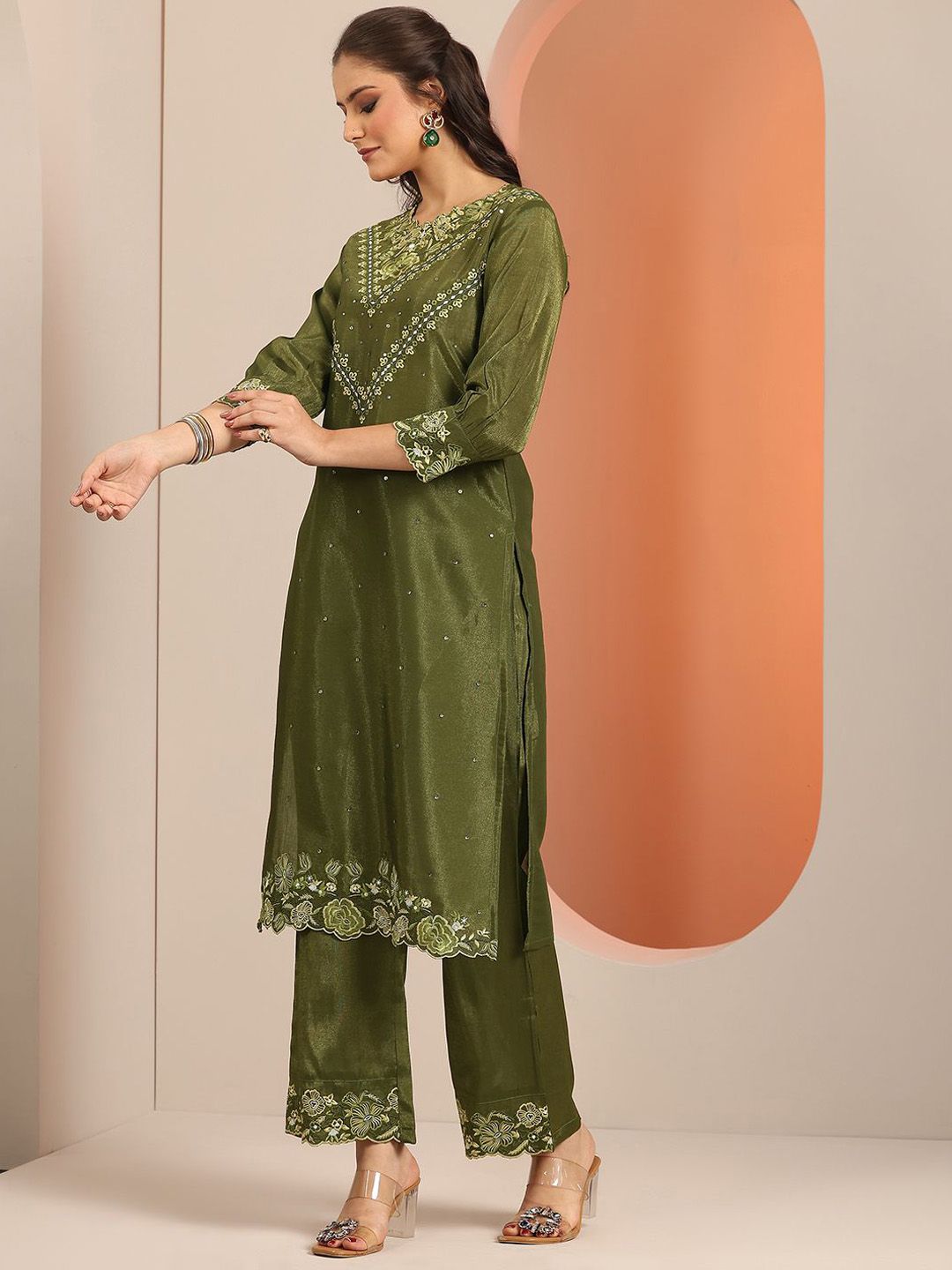 Dhiyona LL Floral Embroidered Round Neck Sequinned Straight Kurta With Palazzos And Dupatta