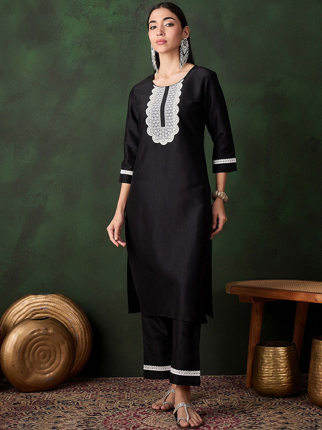 Black Floral Embroidered Three-Quarter Sleeves Chikankari Work Kurta With Trouser