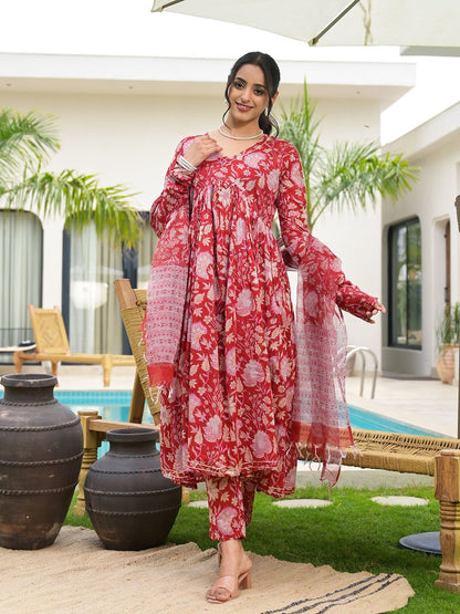 Dhiyona KL Women Floral Printed Gotta Patti V-Neck Empire Kurta with Trouser And Dupatta
