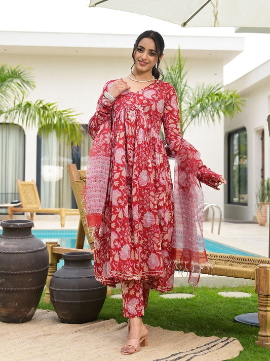 Dhiyona KL Women Floral Printed Gotta Patti V-Neck Empire Kurta with Trouser And Dupatta