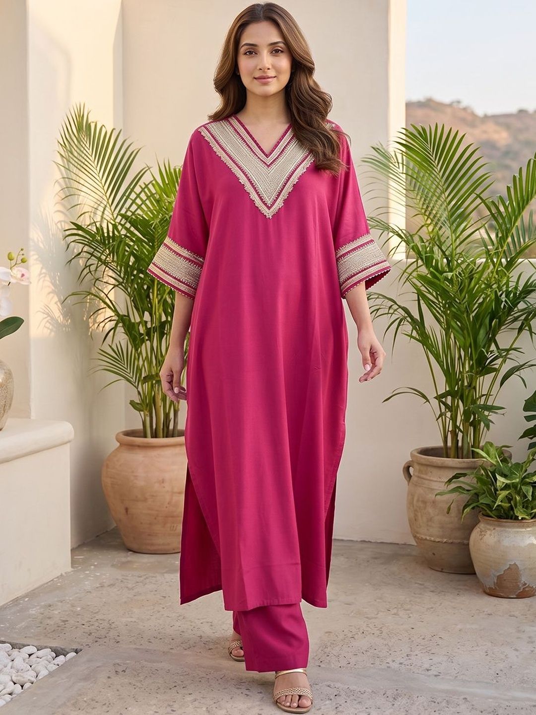 Red Women Yoke Design Regular Kurta with Trousers