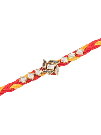 Dhiyona Set Of 6 Kundan Studded Floral Thread Rakhis With Roli Chawal Chandan & Mishri