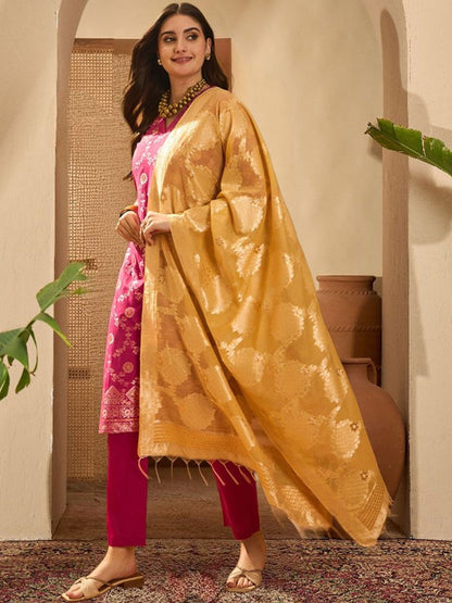 Women Motifs Pashmina Woven Design Gotta Patti Kurta With Trousers & Dupatta