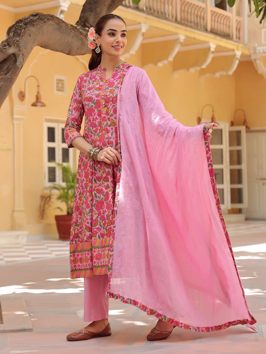Dhiyona RR Women's Floral Printed Regular Pure Cotton Kurta with Trousers & With Dupatta