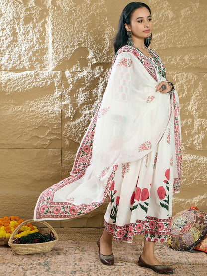 Dhiyona IE Women Ethnic Motifs Printed Pure Cotton Kurta with Trousers & With Dupatta