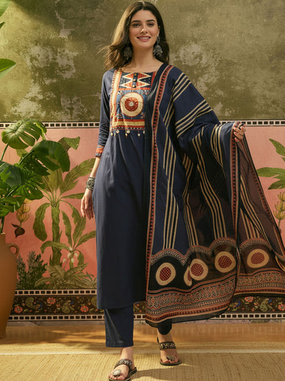 Printed Pure Cotton Round Neck Kurta & Trousers With Dupatta