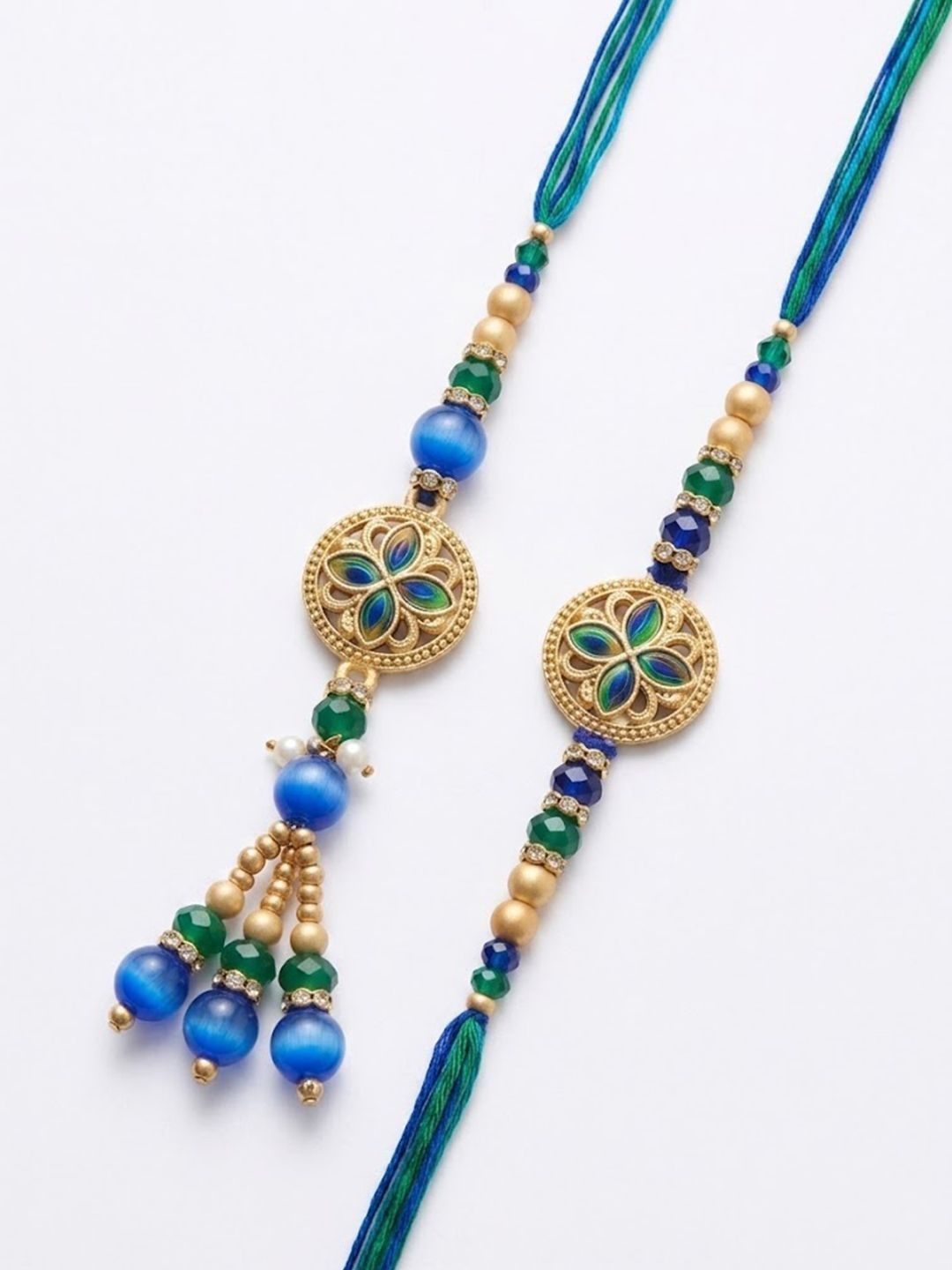 Dhiyona Set Of 2 Blue Artificial Beads Morpankh Style Bhaiya Bhabhi Rakhi With Roli Chawal