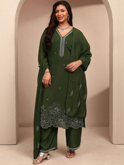 Dhiyona Women's Ethnic Motifs Embroidered Thread Work Kurta with Palazzos & Dupatta