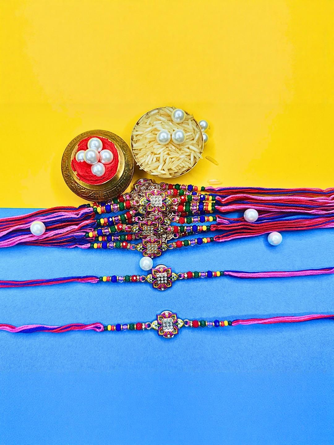 Dhiyona Set Of 12 Beaded Cotton Thread with AD Stones & Meenakari Designer Rakhi for Brother