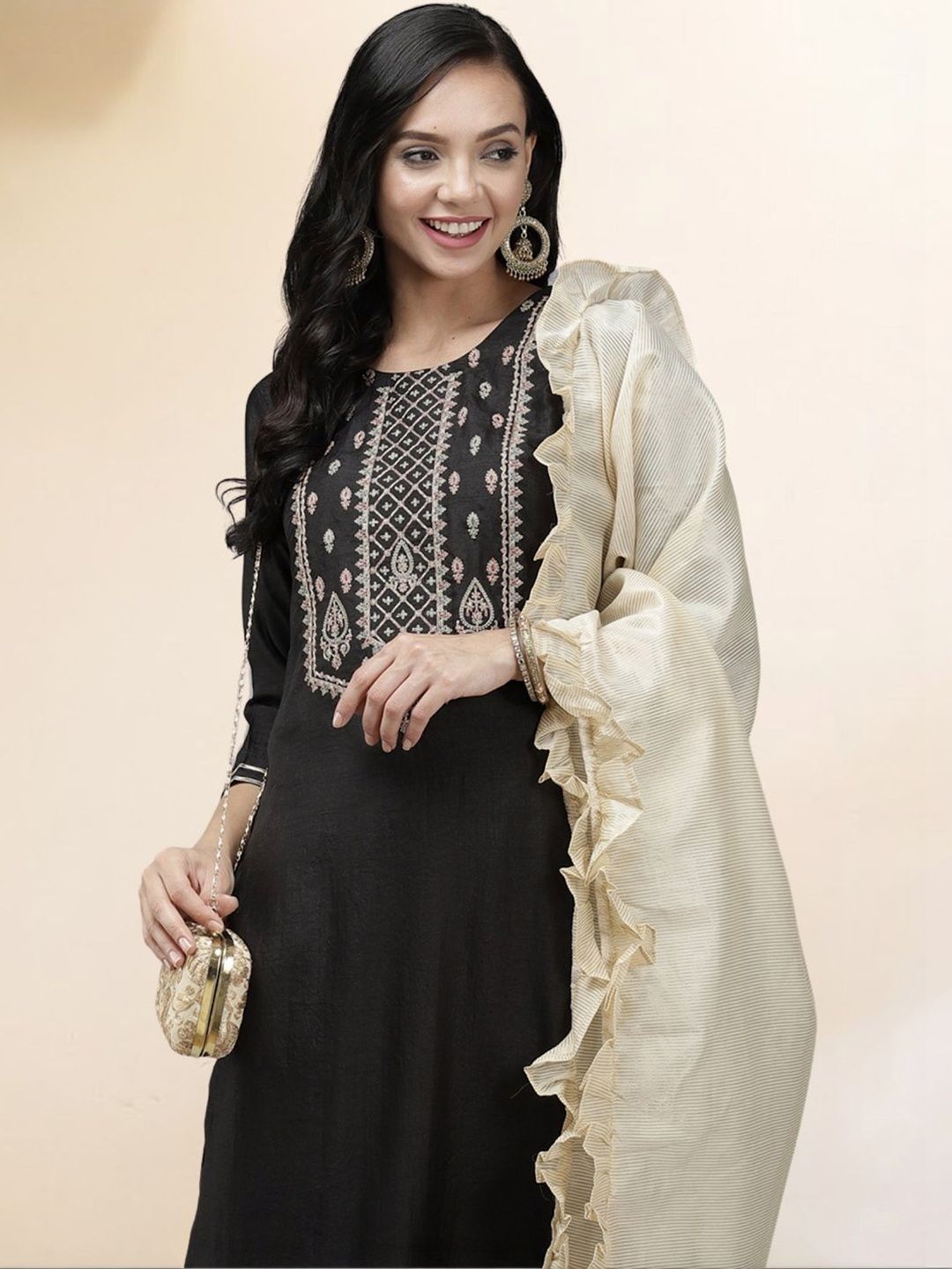 Dhiyona IE Women Ethnic Motifs Embroidered Regular Thread Work Liva Kurta with Trousers & With Dupatta
