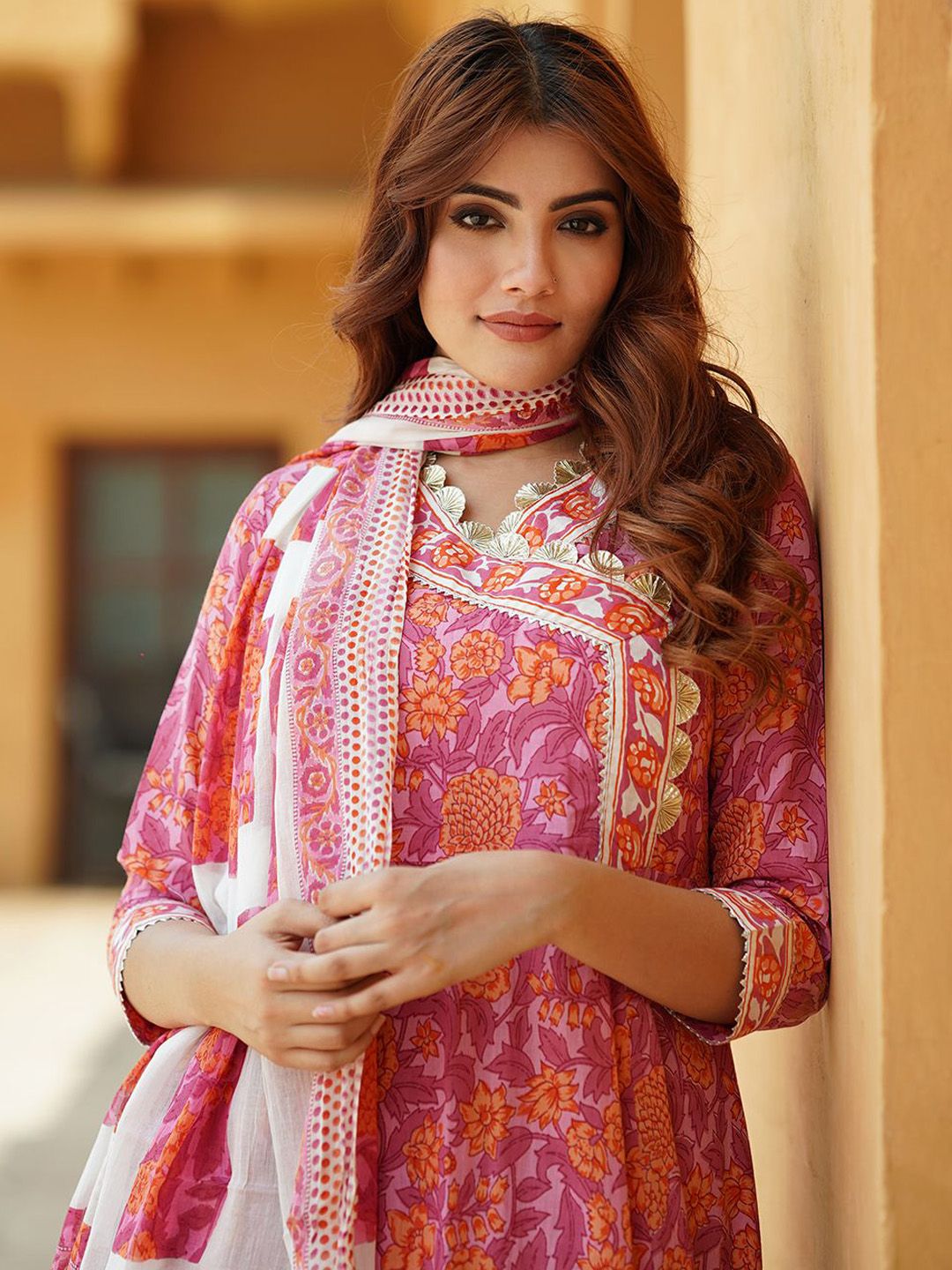 Dhiyona KL Floral Printed Angrakha Pure Cotton Anarkali Kurta With Trousers & Dupatta