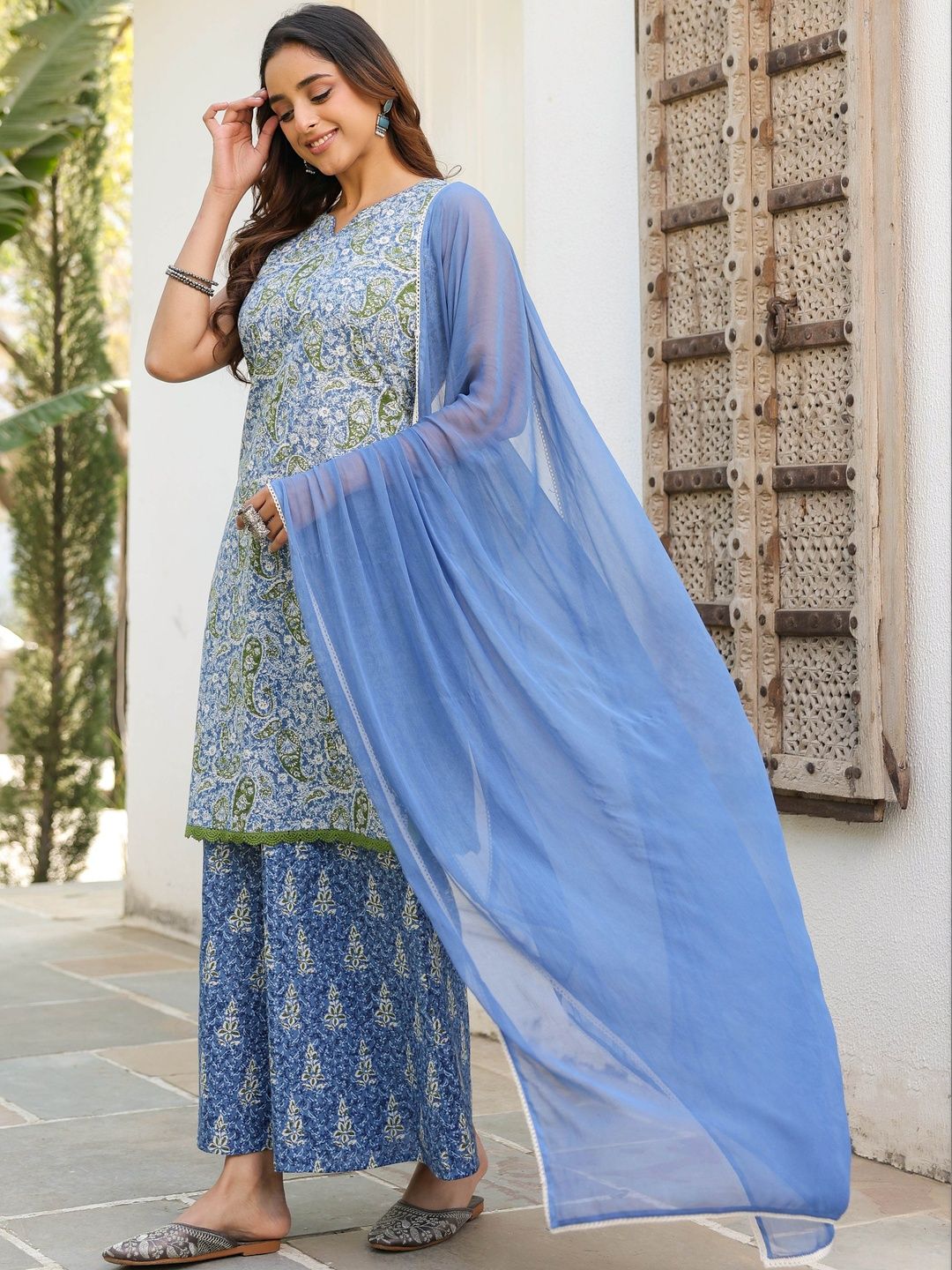 Dhiyona RR Women's Ethnic Motifs Printed Regular Pure Cotton Kurta with Palazzos & With Dupatta