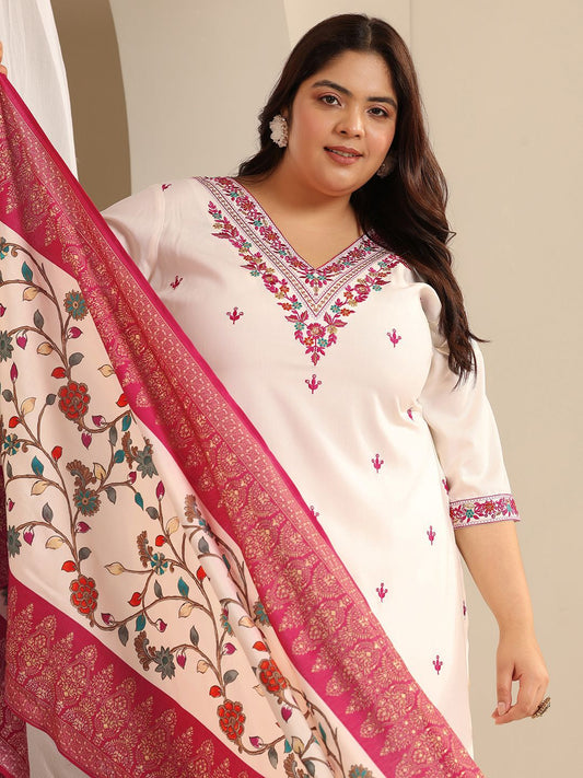Dhiyona Women's Plus Size Floral Printed Thread Work Kurta With Salwar & Dupatta