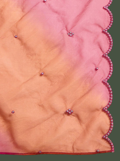 Pink Embroidered Yoke Design Mirror Work A-Line Kurta With Trousers & Dupatta